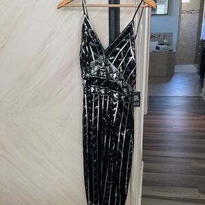 Express Black and Silver Sequin Striped Slip Dress